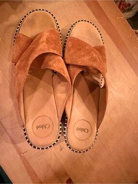 Chloe Tan Suede Cross-Band Slide Mules